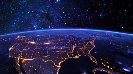 Stunning night view of the United States from space, showcasing city lights against a starry sky. A perfect example of human impact on the planet.の素材