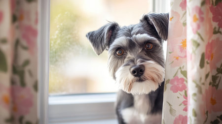 A charming small dog gazes curiously through floral curtains by a window. The soft sunlight enhances the dog's adorable features, creating a warm atmosphere.の素材