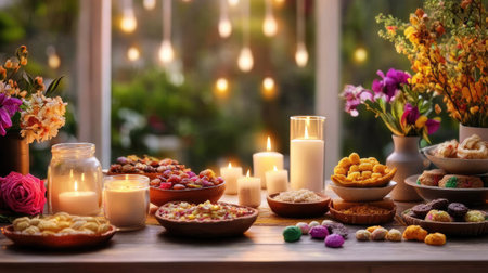A cozy table setting featuring an assortment of desserts, colorful treats, candles, and fresh flowers, creating an inviting atmosphere for any celebration.の素材