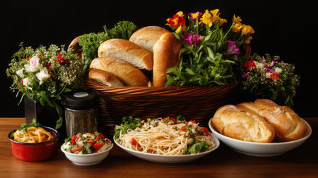 A beautifully arranged display of Italian cuisine featuring fresh bread, vibrant flowers, and a variety of dishes, perfect for a festive gathering.の素材