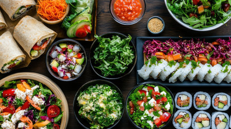 A vibrant display of healthy meals featuring fresh salads, sushi rolls, and wraps. This colorful arrangement showcases nutritious ingredients ideal for any dining occasion.の素材