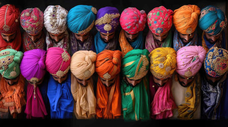 A striking display of colorful traditional turbans worn by men celebrating their rich cultural heritage, showcasing diversity and artistic craftsmanship in headwear.の素材