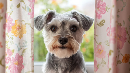 A charming dog peeks through floral curtains, exuding curiosity and warmth. This adorable pet captures the essence of home and companionship in a cozy setting.の素材