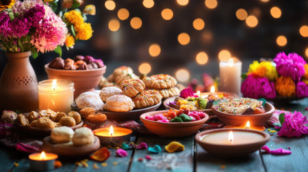 A beautifully arranged festive table showcasing an array of traditional sweets, colorful flowers, and glowing candles, perfect for celebrations and gatherings.の素材