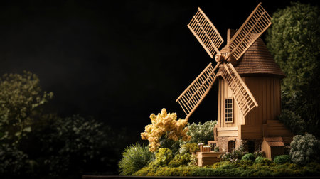 A beautifully crafted wooden windmill sits among vibrant green foliage at night, showcasing artistic design and peaceful scenery in a charming setting.の素材