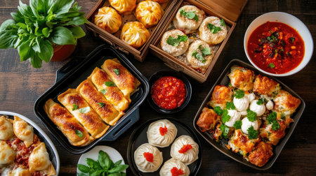 A vibrant assortment of Asian dishes featuring dumplings, noodles, and rice, beautifully arranged on a wooden table with fresh herbs and sauces for dipping.の素材