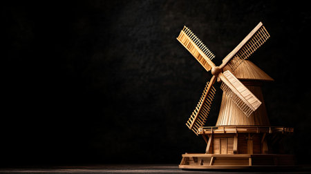 This beautifully crafted wooden windmill model stands against a dark backdrop, showcasing amazing craftsmanship and attention to detail in every element.の素材
