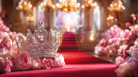 A stunning silver crown sits on a red carpet, surrounded by soft pink roses, creating an elegant and luxurious atmosphere perfect for royal events.の素材