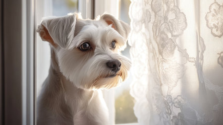 A serene white dog gazes out the window, bathed in soft morning light. The scene captures the pet's calm expression, showcasing a moment of tranquility indoors.の素材