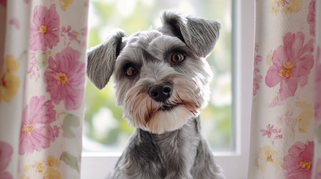 An adorable gray dog with expressive eyes poses beside charming floral curtains, capturing the essence of warmth and companionship in a cozy indoor setting.の素材