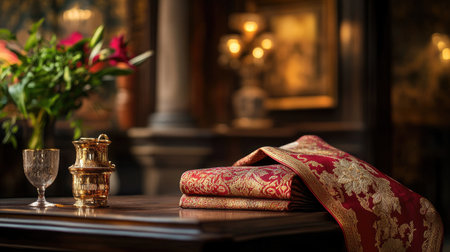 A beautifully arranged scene showcasing elegant drapery with intricate golden patterns, a floral arrangement, and exquisite glassware on a wooden table.の素材