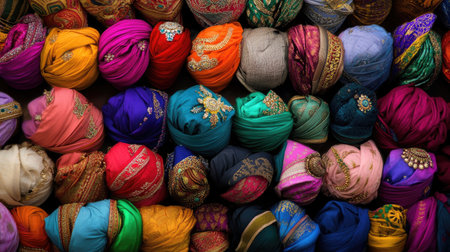 This vibrant image showcases a beautiful assortment of traditional turbans and headwraps, featuring diverse colors and intricate designs, reflecting rich cultural heritage.の素材