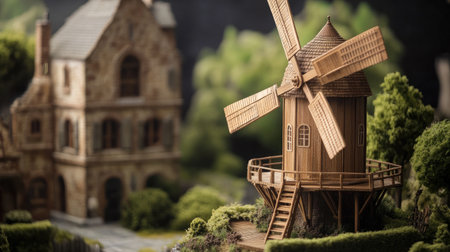 Beautifully crafted wooden windmill model nestled among lush greenery and charming architecture, perfect for showcasing craftsmanship and serenity in nature.の素材
