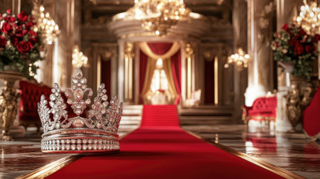An exquisite crown rests on a plush red carpet, set against the backdrop of a grand palace interior. The scene radiates luxury and elegance, highlighting opulent decor.の素材