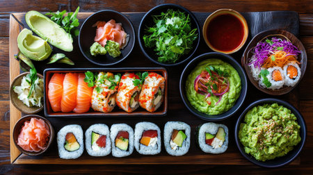 A beautifully arranged sushi platter featuring fresh fish, avocado, and vibrant sides. Perfect for showcasing Japanese cuisine in dining settings.の素材
