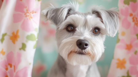 A charming gray dog gazes curiously through pastel floral curtains, capturing a playful and adorable expression. Perfect for pet lovers and home decor themes.の素材