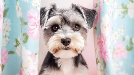 A charming small dog with a sweet expression peeks through colorful floral curtains, creating a cozy and inviting atmosphere perfect for pet lovers and home decor.の素材