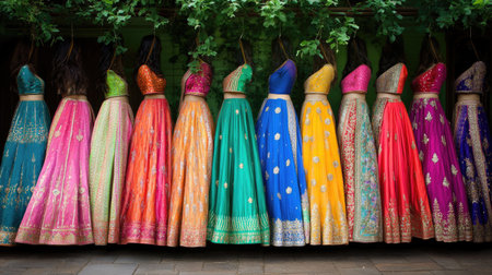 A stunning array of colorful traditional dresses displayed in a boutique, showcasing vibrant hues and intricate designs ideal for festive occasions.の素材
