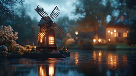 A beautifully detailed windmill stands by a serene pond, illuminated by soft lights. This tranquil scene captures the essence of peaceful countryside evenings.の素材