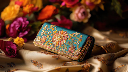A stunning embroidered clutch rests on a floral backdrop, showcasing intricate designs and vibrant colors. Perfect for fashion and accessory enthusiasts.の素材