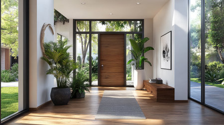 A modern entryway featuring natural light, greenery, and minimalist decor. This space includes wooden flooring, stylish furniture, and a welcoming ambiance.の素材