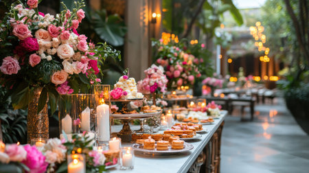 A beautifully styled wedding reception featuring an exquisite dessert table adorned with floral arrangements, candles, and elegant sweets, creating a magical ambiance.の素材