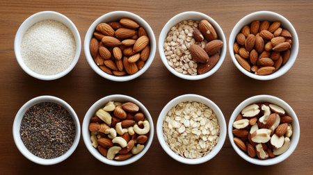 A colorful assortment of nuts and seeds displayed in small white bowls on a wooden surface. Ideal for showcasing healthy snacks and nutrition options.の素材