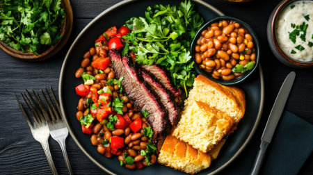 A vibrant plate featuring grilled steak, savory beans, fresh salad, and cornbread, showcasing a mouthwatering meal perfect for any occasion.の素材