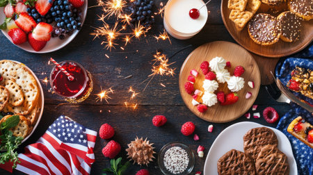 A vibrant festive table spread featuring assorted treats, berries, and desserts with sparklers. Perfect for celebrations, gatherings, and summer parties.の素材
