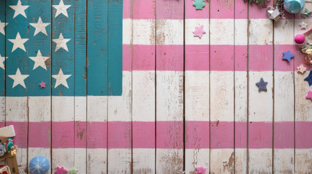 A rustic image of an American flag featuring pink stripes and decorative ornaments, perfect for celebrating holidays or showcasing patriotism in home decor.の素材