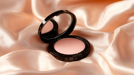 A stylish compact powder on a smooth satin fabric, presenting a reflective mirror inside. Perfect for showcasing beauty and luxury in makeup photography.の素材