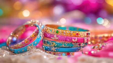Vibrant arrangement of colorful bangles adorned with decorative elements, perfect for festivals and celebrations, showcasing intricate craftsmanship and beauty.の素材