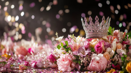 A stunning silver crown rests upon a bed of colorful fresh flowers, creating an elegant scene filled with vibrant petals and a festive atmosphere perfect for celebrations.の素材