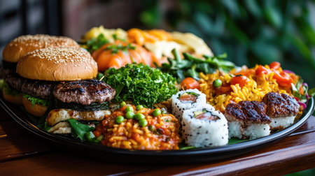 A vibrant assortment of gourmet platters featuring juicy burgers, fresh sushi, and colorful salads, ideal for sharing at gatherings or events.の素材