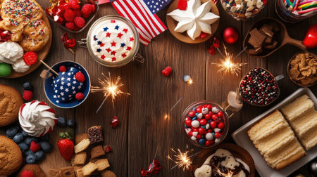 Colorful dessert spread featuring ice cream, cookies, and berries, perfect for celebrations. Enjoy vibrant treats with sparklers for a joyful gathering.の素材