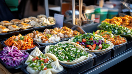 A vibrant display of assorted street food featuring fresh vegetables, salads, and gourmet dishes. This image captures the essence of outdoor food markets with colorful preparatory setups.の素材