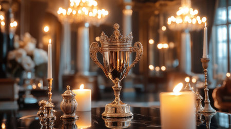 A stunning golden trophy stands elegantly on a dark marble tabletop, surrounded by flickering candles. Soft, warm lighting enhances the luxurious ambiance, perfect for special events.の素材