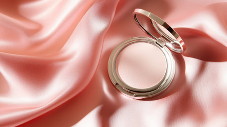 A stylish compact mirror rests on soft pink silk, showcasing a smooth finish. This elegant beauty accessory adds charm to any makeup routine, highlighting luxury and style.の素材