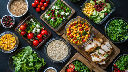 Discover a vibrant assortment of fresh ingredients perfect for meal prep. This colorful spread features various salads and healthy components ideal for nutritious eating.の素材
