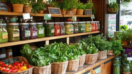 A vibrant display of fresh organic vegetables and preserved jars creates an inviting atmosphere in a market. Ideal for culinary or health themes.の素材