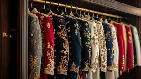 A stunning collection of elegantly tailored garments showcased on hangers, featuring intricate embroidery and rich colors, emphasizing luxurious fashion design.の素材