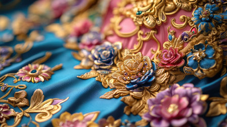 This close-up image showcases intricate floral embroidery on blue textile, featuring vibrant colors and detailed craftsmanship, perfect for design inspiration.の素材