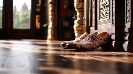 This stunning image showcases intricate traditional Indian footwear resting on a polished wooden floor, highlighting rich craftsmanship and cultural elegance.の素材