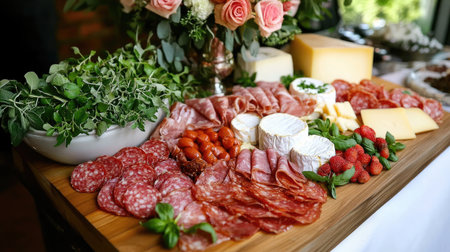 A beautifully arranged charcuterie board featuring an assortment of meats, cheeses, and fresh garnishes, perfect for elegant gatherings and celebrations.の素材