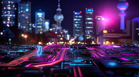 A stunning futuristic cityscape featuring a circuit board merging with vibrant neon lights, showcasing technology and urban life at night.の素材