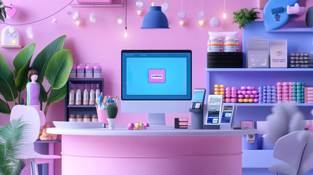 A vibrant shop interior featuring a stylish counter with a computer, colorful products, and creative decor, perfect for retail inspiration and design ideas.の素材