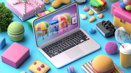 A vibrant desktop scene featuring a laptop with a colorful display, surrounded by playful objects and candies, creating a cheerful and inviting workspace.の素材