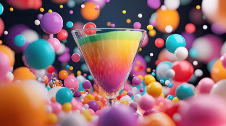 A stunning cocktail glass filled with a colorful drink sits amidst an array of vibrant orbs and balls, creating a festive and lively atmosphere perfect for any celebration.の素材