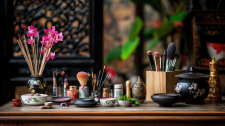 A serene and organized display of art supplies and beauty products, featuring flowers and decorative elements that enhance the creative atmosphere.の素材