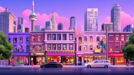This vibrant cityscape features colorful buildings and urban life at dusk, showcasing a lively atmosphere with lights, shops, and vehicles along the street.の素材